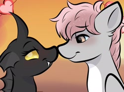 Size: 2048x1535 | Tagged: safe, artist:doodle-hooves, oc, oc:cotton puff, oc:thunder bug, changeling, pegasus, pony, boop, cel shading, gradient background, lidded eyes, looking at each other, looking at someone, noseboop, shading, smiling, yellow changeling