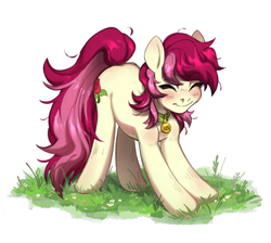 Size: 1850x1655 | Tagged: safe, artist:joowik, roseluck, pony, g4, behaving like a cat, collar, commission, commissioner:doom9454, cute, eyes closed, messy mane, pet tag, pony pet, rosepet, simple background, solo, stretching, white background