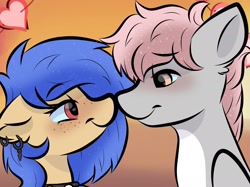 Size: 2048x1535 | Tagged: safe, artist:doodle-hooves, oc, oc:cotton puff, oc:lunar saintly, bat pony, pegasus, pony, boop, cel shading, cute, gradient background, lidded eyes, looking at each other, looking at someone, noseboop, shading, smiling