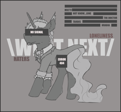 Size: 3259x3017 | Tagged: safe, artist:hrabiadeblacksky, oc, oc only, oc:hrabia de black sky, pony, unicorn, beard, black & white, black squares, commission, error, error 404, facial hair, high res, lonely, love, no signal, solo, template, the doctor