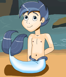 Size: 914x1068 | Tagged: safe, artist:ocean lover, shady daze, human, merboy, g4, bare shoulders, belly, belly button, blue eyes, chest, child, cute, fins, human coloration, humanized, land, light skin, looking at you, male, mermay, ms paint, rock, sitting, sleeveless, smiling, species swap, tail, tail fin, two toned hair, water, waterfall