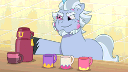 Size: 1280x720 | Tagged: safe, screencap, alphabittle blossomforth, pony, unicorn, g5, mare family mare problems, my little pony: tell your tale, spoiler:g5, spoiler:my little pony: tell your tale, spoiler:tyts01e51, animated, drink, gif, hoof hold, kitchen, loop, male, mug, perfect loop, smiling, solo, stallion, swollen, table, thermos, youtube link