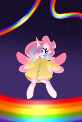 Size: 2000x3000 | Tagged: safe, artist:ladylullabystar, oc, oc:lullaby star, alicorn, pony, female, high res, mare, rainbow, raincoat, solo, space