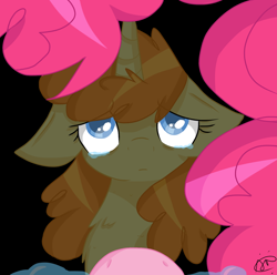 Size: 1650x1634 | Tagged: safe, artist:gallantserver, pinkie pie, pumpkin cake, pony, g4, black background, floppy ears, offscreen character, older, pov, simple background, teary eyes