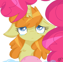 Size: 1650x1634 | Tagged: safe, alternate version, artist:gallantserver, pinkie pie, pumpkin cake, pony, g4, floppy ears, offscreen character, older, pov, simple background, teary eyes, transparent background