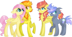 Size: 3006x1555 | Tagged: safe, artist:gallantserver, fluttershy, spitfire, oc, oc:firebird, oc:spectrum blitz, earth pony, pegasus, pony, g4, adopted offspring, concave belly, female, magical lesbian spawn, mare, offspring, parent:fluttershy, parent:spitfire, parents:spitshy, simple background, transparent background