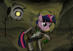 Size: 2388x1668 | Tagged: safe, artist:weiling, twilight sparkle, pony, unicorn, fallout equestria, g4, armor, bubble helmet, cracked, duct tape, fallout, portal (valve), solo, space core, tape