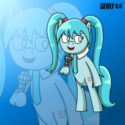 Size: 2000x2000 | Tagged: safe, artist:gradiusfanatic, earth pony, pony, anime, female, gradient background, hatsune miku, high res, microphone, ponified, solo, vocaloid, zoom layer