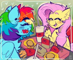 Size: 2048x1683 | Tagged: safe, artist:yumkandie, fluttershy, rainbow dash, pegasus, pony, g4, :p, :t, ^^, burger, chicken meat, chicken nugget, drinking straw, duo, ear piercing, earring, eating, eyebrows, eyes closed, female, food, french fries, heart, jewelry, ketchup, lesbian, mcdonald's, meat, nose piercing, piercing, raised eyebrow, sauce, ship:flutterdash, shipping, smiling, tongue out