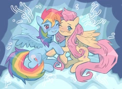 Size: 1625x1180 | Tagged: safe, artist:tani yry, fluttershy, rainbow dash, pegasus, pony, fame and misfortune, g4, season 7, ^^, blushing, cute, duo, duo female, eyebrows, female, flawless, hug, lesbian, mare, one eye closed, partially open wings, ship:flutterdash, shipping, signature, sitting, smiling, spread wings, squishy cheeks, touching hooves, we're not flawless, wings, wink