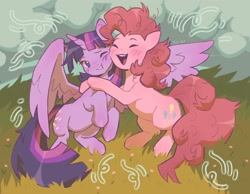 Size: 1694x1314 | Tagged: safe, artist:tani yry, pinkie pie, twilight sparkle, alicorn, earth pony, pony, g4, ^^, blushing, cute, duo, duo female, eyes closed, female, grass, horn, hug, lesbian, mare, one eye closed, open mouth, open smile, overjoyed, ship:twinkie, shipping, signature, smiling, spread wings, squishy cheeks, twilight sparkle (alicorn), wings, wink