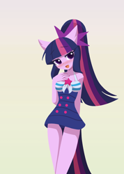 Size: 1000x1407 | Tagged: safe, artist:howxu, part of a set, sci-twi, twilight sparkle, anthro, plantigrade anthro, equestria girls, g4, alternate hairstyle, bare shoulders, blushing, breasts, clothes, eyebrows, eyebrows visible through hair, female, gradient background, looking at you, one-piece swimsuit, open mouth, ponytail, sci-twi swimsuit, seduction, simple background, sleeveless, solo, swimsuit