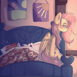 Size: 3500x3500 | Tagged: safe, artist:yumkandie, fluttershy, rainbow dash, pegasus, pony, g4, bed, bedroom, blanket, bubble, duo, female, fluttershy's bedroom, hangover, high res, lesbian, lidded eyes, morning, morning ponies, ship:flutterdash, shipping, sitting on bed, sleeping, under blanket, wings