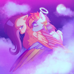 Size: 1280x1280 | Tagged: safe, artist:yumkandie, fluttershy, rainbow dash, pegasus, pony, g4, blushing, cloud, colored wings, crying, duo, ear piercing, eyebrow piercing, eyes closed, female, halo, hug, lesbian, looking back, moon, multicolored wings, night, piercing, rainbow wings, ship:flutterdash, shipping, smiling, stars, winghug, wings