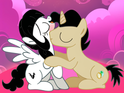 Size: 1728x1296 | Tagged: safe, artist:anonymous, oc, oc:dio, oc:marie, pegasus, pony, unicorn, base used, brother and sister, female, incest, kissing, male, shipping, siblings