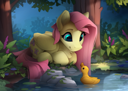 Size: 2460x1765 | Tagged: safe, artist:yakovlev-vad, fluttershy, bird, duck, pegasus, pony, g4, cute, duckling, female, flower, high res, looking at each other, looking at someone, looking right, lying down, mare, pond, ponyloaf, prone, rock, shyabetes, solo, tree, water