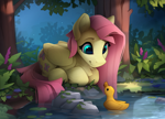 Size: 2460x1765 | Tagged: safe, artist:yakovlev-vad, fluttershy, bird, duck, pegasus, pony, cute, duckling, female, flower, looking at each other, looking at someone, lying down, mare, pond, prone, rock, shyabetes, solo, tree, water