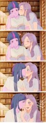 Size: 1080x2880 | Tagged: safe, artist:ecor土土, rarity, twilight sparkle, human, equestria girls, g4, blushing, book, bookshelf, cheek kiss, clothes, dialogue, duo, duo female, eyes closed, female, humanized, kiss on the lips, kissing, lesbian, library, reading, ship:rarilight, shipping, smiling