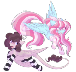Size: 2300x2200 | Tagged: safe, artist:puppie, oc, oc only, oc:raevyn, oc:sage comet, pegasus, pony, chest fluff, clothes, duo, flying, happy, high res, leonine tail, looking at each other, looking at someone, simple background, smiling, smiling at each other, socks, striped socks, tail, transparent background
