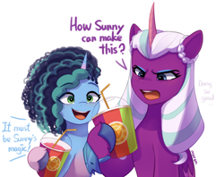 Size: 3232x2561 | Tagged: safe, artist:maren, misty brightdawn, opaline arcana, alicorn, pony, unicorn, g5, coat markings, cornrows, drink, duo, duo female, engrish, eyeshadow, female, food, freckles, grammar error, high res, implied sunny starscout, magnetic hooves, makeup, mare, open mouth, simple background, smoothie, socks (coat markings), unshorn fetlocks, white background