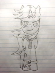 Size: 2448x3264 | Tagged: safe, artist:twiny dust, derpibooru exclusive, oc, oc only, oc:littlepip, pony, unicorn, fallout equestria, clothes, female, high res, horn, jumpsuit, lined paper, mare, monochrome, pencil drawing, pipbuck, smiling, smirk, solo, traditional art, unicorn oc, vault suit