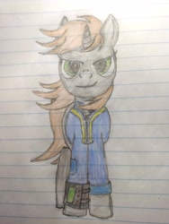 Size: 2448x3264 | Tagged: safe, artist:twiny dust, derpibooru exclusive, oc, oc:littlepip, pony, unicorn, fallout equestria, clothes, colored, colored pencil drawing, female, high res, jumpsuit, lined paper, mare, pencil drawing, pipbuck, solo, traditional art, vault suit
