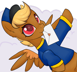 Size: 2217x2073 | Tagged: source needed, useless source url, safe, artist:dumbwoofer, swift reply, pegasus, pony, g4, clothes, cloud, ear fluff, hat, high res, letter, looking at you, lying down, mouth hold, on a cloud, on back, simple background, solo, spread wings, transparent background, wings
