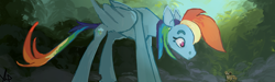 Size: 1764x532 | Tagged: safe, artist:megalura, rainbow dash, frog, pegasus, pony, g4, concave belly, female, forest, looking at something, mare, solo