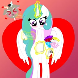 Size: 1080x1080 | Tagged: safe, artist:celestia_2007, discord, princess celestia, alicorn, draconequus, pony, g4, ><, antlers, blushing, cute, discute, eyes closed, female, flower, glowing, glowing horn, gradient background, heart, holiday, horn, letter, love letter, male, ship:dislestia, shipping, signature, solo focus, straight, valentine's day
