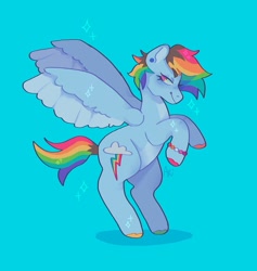 Size: 947x998 | Tagged: safe, artist:ariariari.png, rainbow dash, pegasus, pony, g4, alternate hairstyle, blue background, bracelet, colored hooves, ear piercing, female, jewelry, lesbian, lesbian pride flag, piercing, pride, pride flag, rearing, simple background, smiling, solo, spread wings, wings