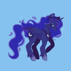 Size: 1440x1440 | Tagged: safe, artist:ariariari.png, princess luna, alicorn, pony, g4, blue background, concave belly, crown, curved horn, eyeshadow, horn, jewelry, makeup, necklace, regalia, simple background, solo, wavy mane