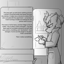 Size: 800x800 | Tagged: safe, artist:captainhoers, oc, oc only, oc:silent spring, kirin, anthro, crossover, female, grayscale, kirin oc, monochrome, narration, refrigerator, shadows of doubt, solo, text
