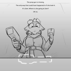 Size: 800x800 | Tagged: safe, artist:captainhoers, oc, oc only, oc:silent spring, kirin, anthro, crossover, dotted line, female, grayscale, kirin oc, looking down, low angle, monochrome, narration, shadows of doubt, solo, text