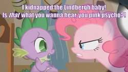 Size: 2000x1125 | Tagged: safe, edit, edited screencap, screencap, pinkie pie, spike, dragon, earth pony, pony, g4, party of one, angry, chair, duo, duo male and female, female, impact font, interrogation, john oliver, last week tonight, last week tonight with john oliver, male, mare, pinkie pie is not amused, reference, scared, spotlight, sugarcube corner, text, unamused