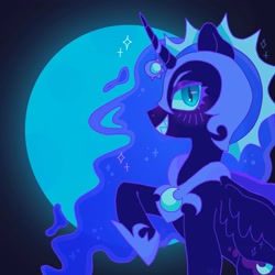Size: 1440x1440 | Tagged: safe, artist:ariariari.png, nightmare moon, alicorn, pony, g4, eyeshadow, helmet, horn, horn jewelry, jewelry, makeup, moon, solo, wavy hair