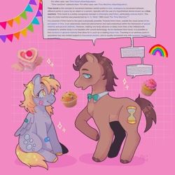 Size: 1440x1440 | Tagged: safe, artist:ariariari.png, derpy hooves, doctor whooves, time turner, earth pony, pegasus, pony, g4, bandaid, bowtie, colored, duo, female, freckles, male, mare, science, ship:doctorderpy, shipping, speech bubble, stallion, straight, wikipedia
