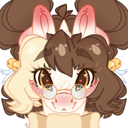 Size: 2500x2500 | Tagged: safe, alternate character, alternate version, artist:bananasplitedy, oc, oc only, oc:bananasplit, pony, unicorn, blushing, bust, clothes, female, glasses, heart, heart eyes, high res, horn, looking at you, mare, portrait, scarf, simple background, solo, striped scarf, transparent background, unicorn oc, wingding eyes