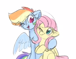 Size: 2162x1660 | Tagged: safe, artist:lbrcloud, fluttershy, rainbow dash, pegasus, pony, g4, blush sticker, blushing, colored sketch, cute, duo, duo female, female, hug, lesbian, looking at each other, looking at someone, mare, one eye closed, open mouth, open smile, ship:flutterdash, shipping, side hug, simple background, sketch, smiling, smiling at each other, spread wings, white background, wings