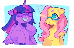 Size: 973x630 | Tagged: safe, artist:ariariari.png, fluttershy, twilight sparkle, alicorn, pegasus, pony, g4, duo, female, glasses, hairclip, laughing, lesbian, question mark, ship:twishy, shipping, twilight sparkle (alicorn)
