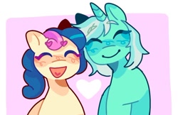 Size: 776x503 | Tagged: safe, artist:ariariari.png, bon bon, lyra heartstrings, sweetie drops, earth pony, pony, unicorn, g4, blushing, duo, female, heart, lesbian, ship:lyrabon, shipping, smiling