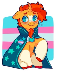 Size: 1151x1317 | Tagged: safe, artist:ariariari.png, sunburst, pony, unicorn, g4, blushing, chin fluff, colored hooves, curved horn, horn, male, pride, pride flag, solo, trans male, transgender, transgender pride flag