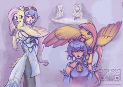 Size: 7016x4961 | Tagged: safe, artist:laura-row, fluttershy, human, pegasus, pony, g4, absurd resolution, crossover, duo, female, ganyu (genshin impact), genshin impact, holding a pony, mare, spread wings, wings