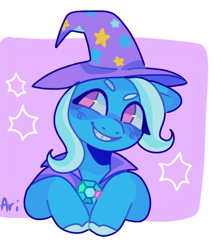 [clothes,hat,pony,robe,safe,solo,stars,trixie,unicorn,wizard hat,smiling,artist:ariariari.png]
