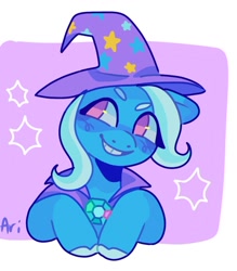 Size: 1208x1377 | Tagged: safe, artist:ariariari.png, trixie, pony, unicorn, g4, clothes, hat, robe, smiling, solo, stars, wizard hat