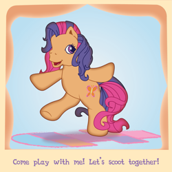 Size: 1197x1197 | Tagged: safe, artist:prixy05, scootaloo (g3), earth pony, pony, g3, blue background, caption, hopscotch (game), scootaloo will show us games to play, simple background, solo, text