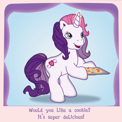 Size: 1197x1197 | Tagged: safe, artist:prixy05, sweetie belle (g3), pony, unicorn, g3, blue background, bronybait, caption, cookie, cute, food, g3 diasweetes, simple background, solo, text