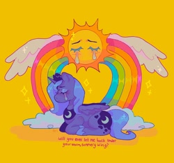 Size: 1440x1348 | Tagged: safe, artist:ariariari.png, princess luna, alicorn, pony, g4, crying, lying down, ponyloaf, prone, rainbow, s1 luna, simple background, solo, sun, text, wings, yellow background