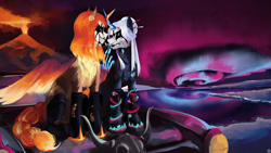 Size: 2560x1440 | Tagged: safe, artist:krapinkaius, oc, oc only, oc:ayzat, oc:naegissa, alicorn, pony, aurora borealis, boots, braid, car, cigarette, cigarette kiss, colored wings, corpse paint, duo, female, hand, helmet, horned helmet, infinite eclipse, lake, magic, magic hands, mare, metalhead, multicolored wings, shoes, smoking, viking helmet, volcano, water, wings