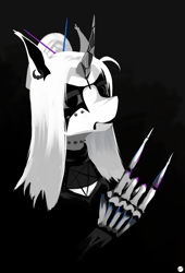 Size: 898x1324 | Tagged: safe, artist:krapinkaius, oc, oc only, oc:naegissa, alicorn, pony, black metal, corpse paint, curved horn, devil horn (gesture), ear piercing, earring, hand, horn, infinite eclipse, jewelry, magic, magic hands, piercing, satanic, solo