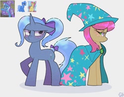 Size: 1368x1074 | Tagged: safe, artist:petaltwinkle, edit, edited screencap, screencap, posey bloom, trixie, earth pony, pony, unicorn, g4, g5, mane melody, my little pony: tell your tale, spoiler:g5, spoiler:my little pony: tell your tale, spoiler:tyts01e05, accessory swap, alternate hairstyle, bow, cape, clothes, duo, female, hair bow, hat, mane swap, mare, screencap reference, simple background, tail, tail bow, the great and powerful, white background, wizard hat